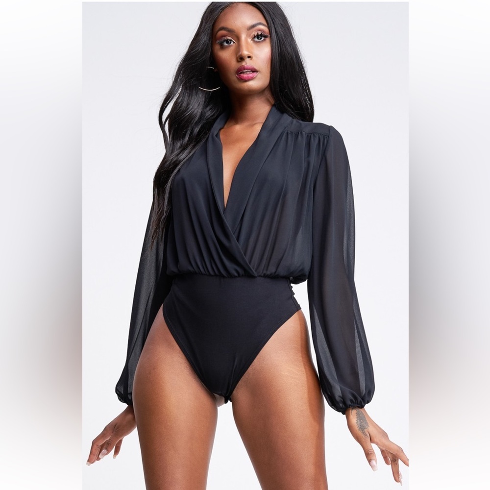 CHIFFON SURPLICE BODYSUIT BLACK